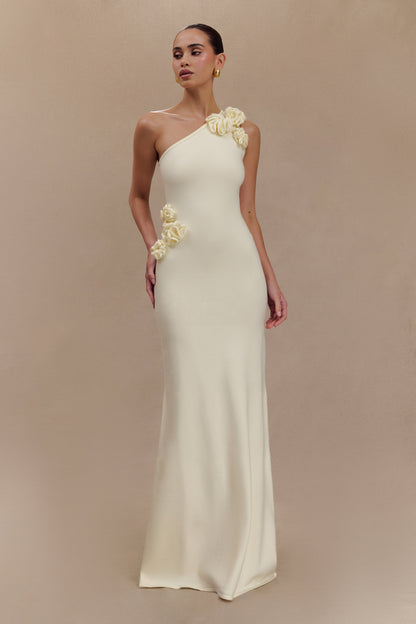 Robe Maxi Tricotée à Une Épaule Paloma avec Fleurs - Ivoire