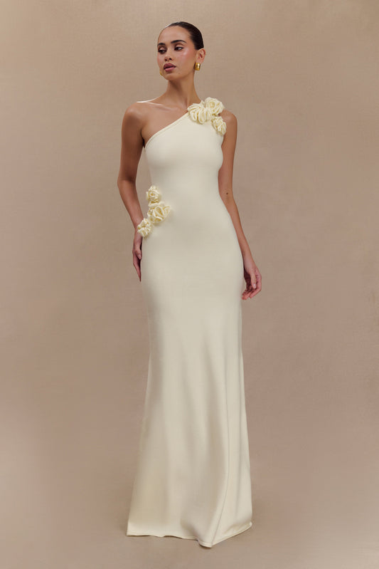 Robe Maxi Tricotée à Une Épaule Paloma avec Fleurs - Ivoire
