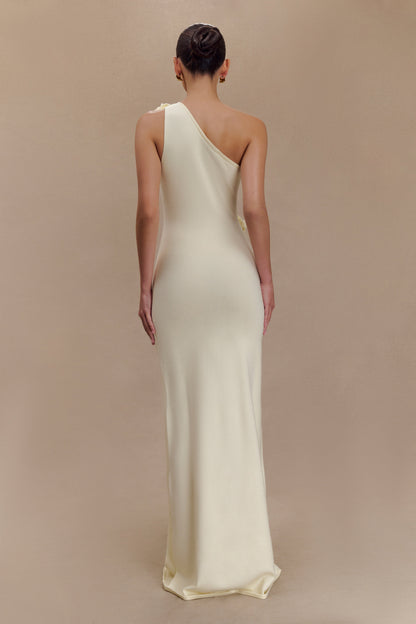 Robe Maxi Tricotée à Une Épaule Paloma avec Fleurs - Ivoire