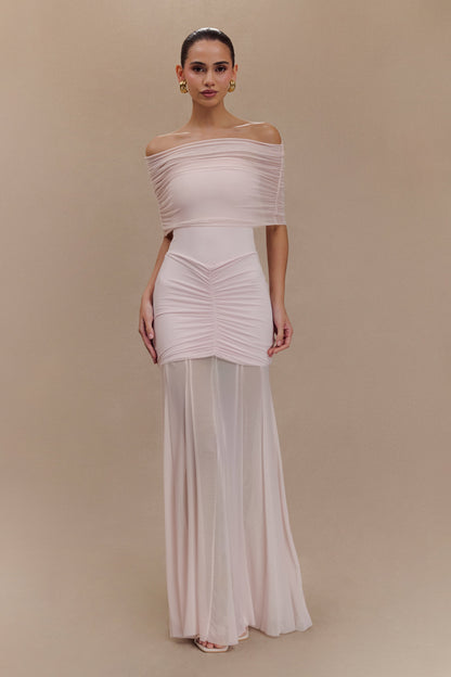 Robe Maxi Décolletée et à Manches en Mousseline et Maille - Rose Pâle