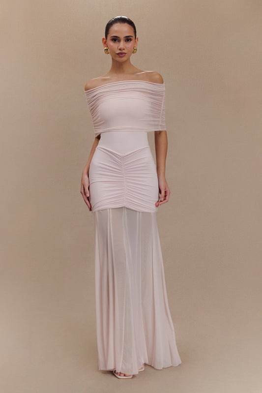 Robe Maxi Décolletée et à Manches en Mousseline et Maille - Rose Pâle