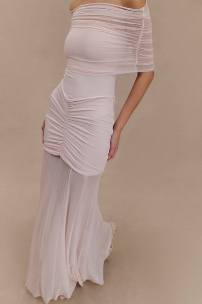 Robe Maxi Décolletée et à Manches en Mousseline et Maille - Rose Pâle