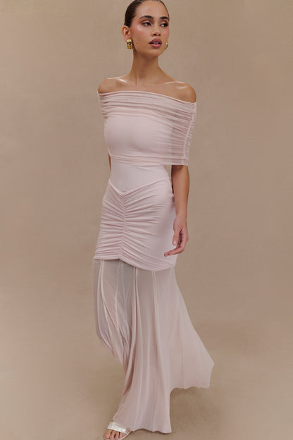 Robe Maxi Décolletée et à Manches en Mousseline et Maille - Rose Pâle
