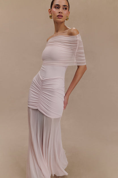 Robe Maxi Décolletée et à Manches en Mousseline et Maille - Rose Pâle