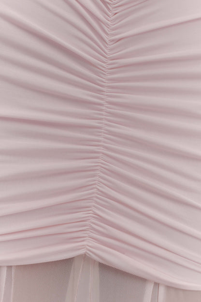Robe Maxi Décolletée et à Manches en Mousseline et Maille - Rose Pâle