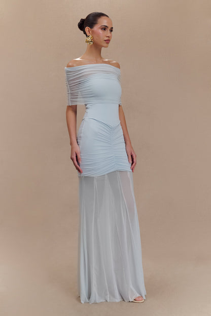 Robe Maxi Décolletée et à Manches Frangées en Mousseline et Maille - Bleu Clair