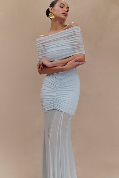 Robe Maxi Décolletée et à Manches Frangées en Mousseline et Maille - Bleu Clair