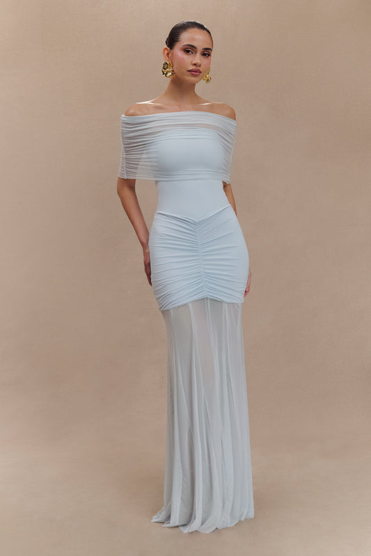 Robe Maxi Décolletée et à Manches Frangées en Mousseline et Maille - Bleu Clair