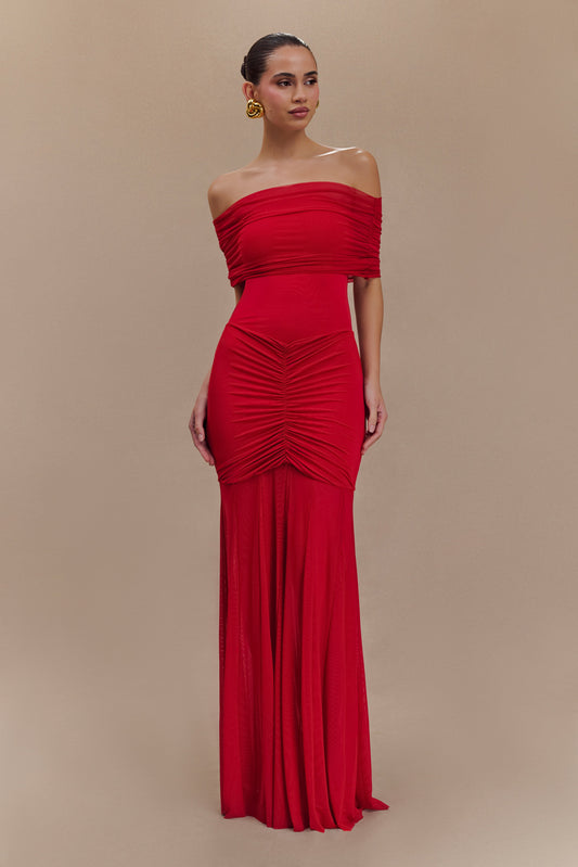 Robe Maxi Décolletée et à Emmanchures Découvrant les Épaulettes en Maille et Jersey - Rubis