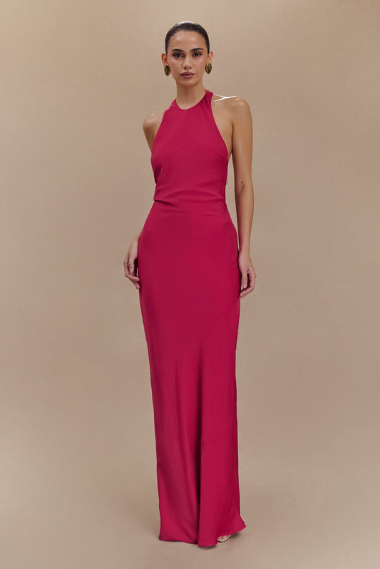Robe Maxi Rinna en Satin avec Décolleté en Halter - Cerise Rose