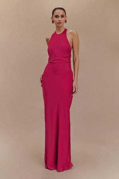 Robe Maxi Rinna en Satin avec Décolleté en Halter - Cerise Rose