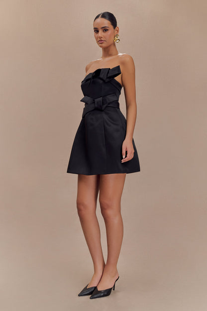 Mini-robe trapue en satin sans bretelles avec nœud - Noir