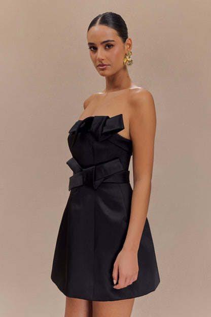 Mini-robe trapue en satin sans bretelles avec nœud - Noir