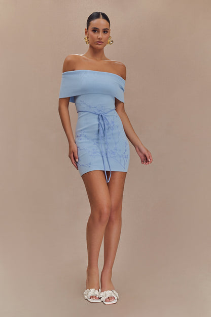 Mini-robe en jersey brodé à épaules dénudées Mallory - Bleu glace