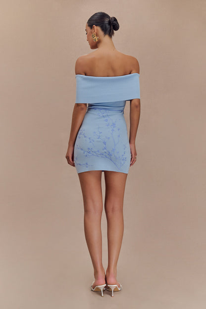 Mini-robe en jersey brodé à épaules dénudées Mallory - Bleu glace