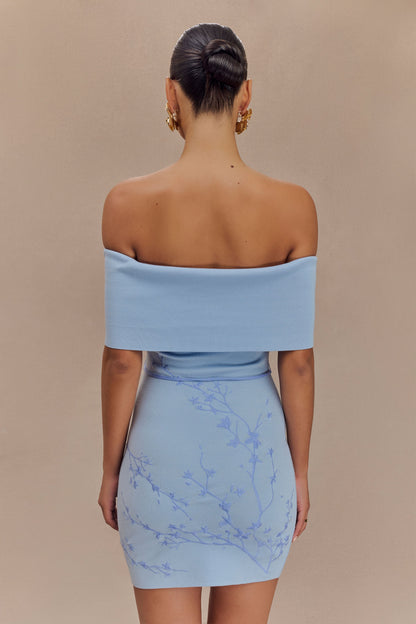 Mini-robe en jersey brodé à épaules dénudées Mallory - Bleu glace