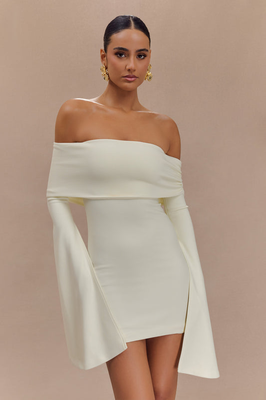 Mini-robe Dominique à manches longues et épaules dénudées - Ivoire