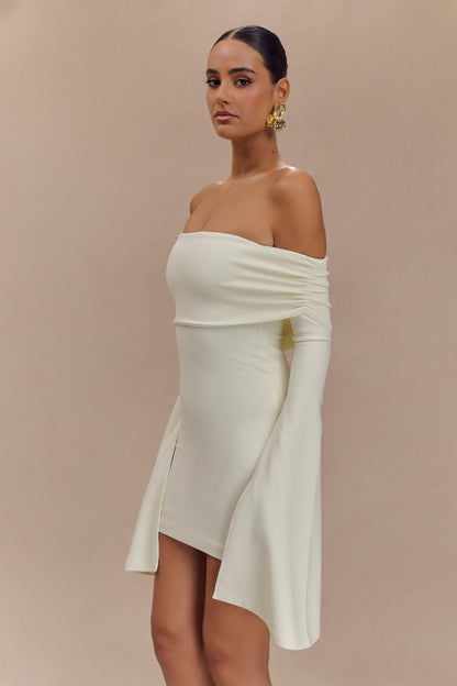Mini-robe Dominique à manches longues et épaules dénudées - Ivoire