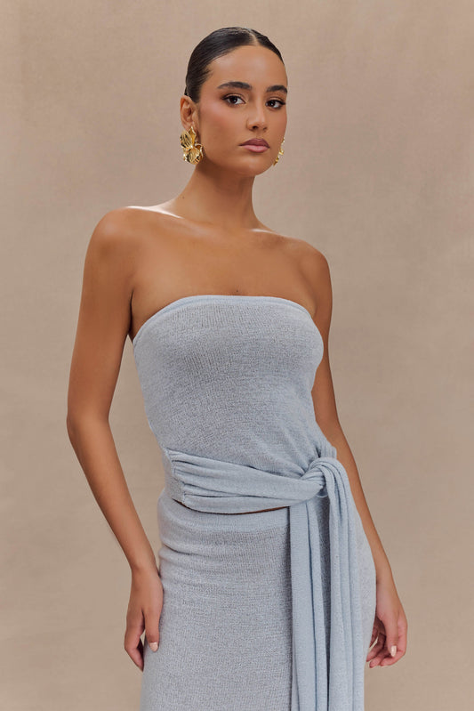 Top en tricot à nouer sans bretelles Phoebe - Bleu glace