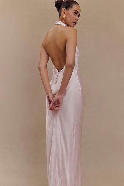 Robe longue satinée irisée à col montant Esther - Rose pâle