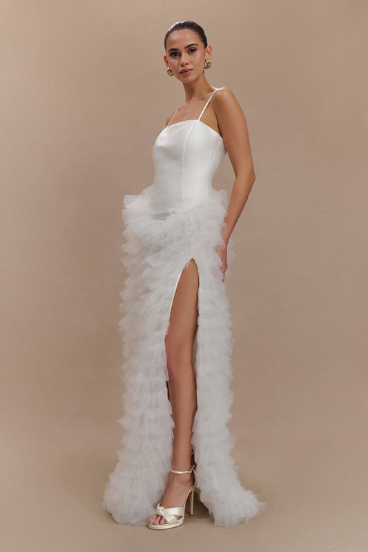 Robe Maxi à Volants et Épaulettes Magnolia - Ivoire