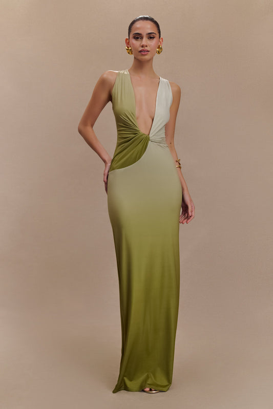 Robe Maxi Stella Dégradée et Étroite - Vert Olive Vintage Ombré