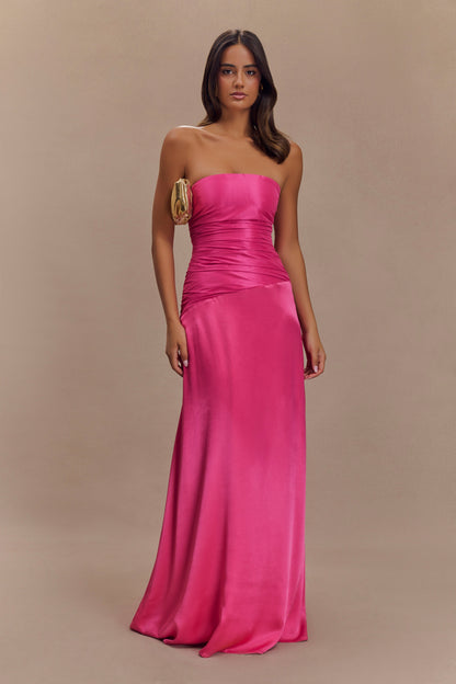 Robe maxi en taffeta Serena sans bretelles - Rose cramoisi