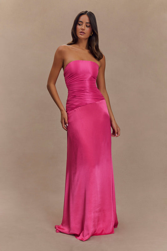 Robe maxi en taffeta Serena sans bretelles - Rose cramoisi