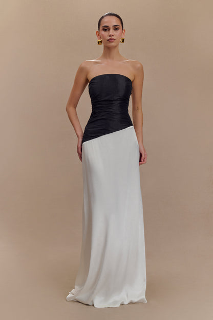 Serena Robe Maxi en Taffetas Sans Bretelles - Blanc/Noir