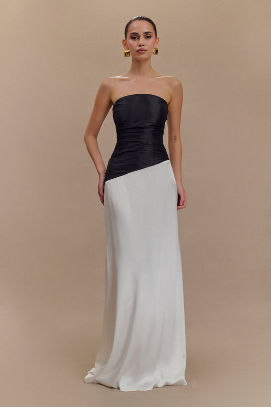 Serena Robe Maxi en Taffetas Sans Bretelles - Blanc/Noir