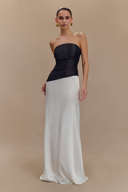 Serena Robe Maxi en Taffetas Sans Bretelles - Blanc/Noir