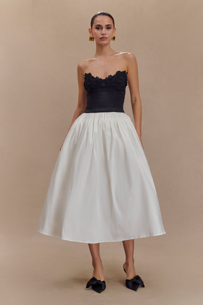 Robe midi contrastée brodée Elyssa - Noir/Blanc