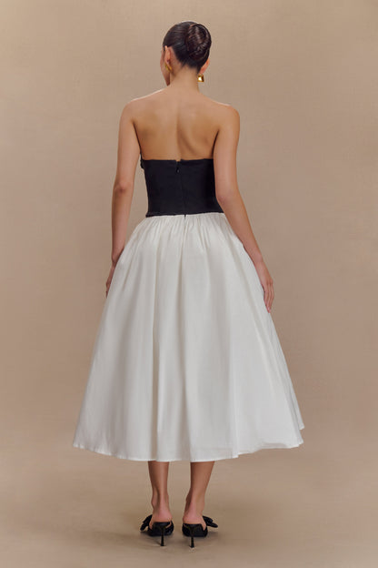 Robe midi contrastée brodée Elyssa - Noir/Blanc
