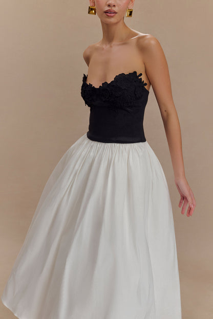 Robe midi contrastée brodée Elyssa - Noir/Blanc