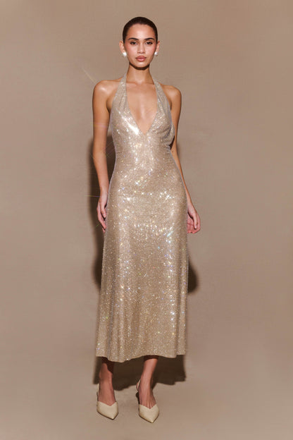 Genie Diamante Robe Midi à Manches Frangées - Nude
