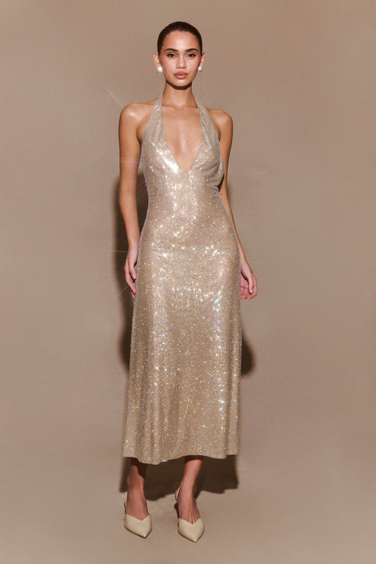 Genie Diamante Robe Midi à Manches Frangées - Nude