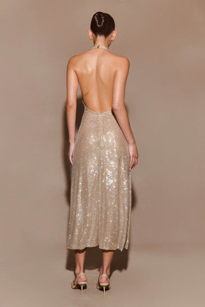 Genie Diamante Robe Midi à Manches Frangées - Nude