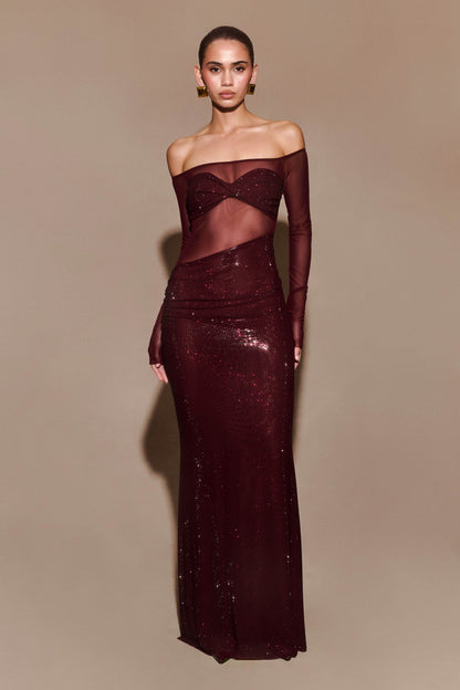 Robe Maxi à épaules dénudées Nash Diamante - Brun-rouge