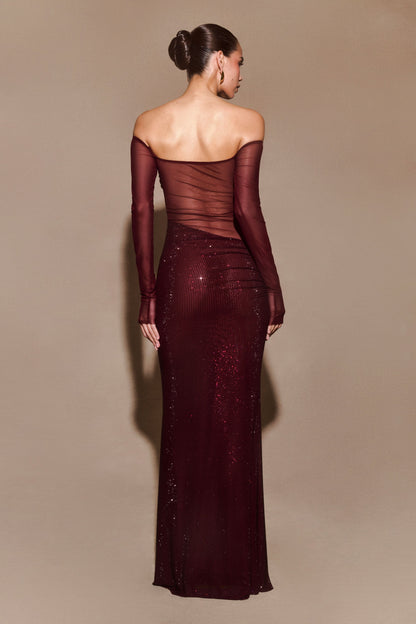 Robe Maxi à épaules dénudées Nash Diamante - Brun-rouge