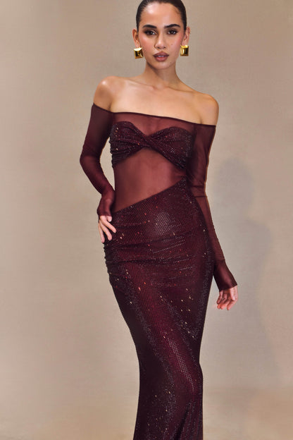 Robe Maxi à épaules dénudées Nash Diamante - Brun-rouge