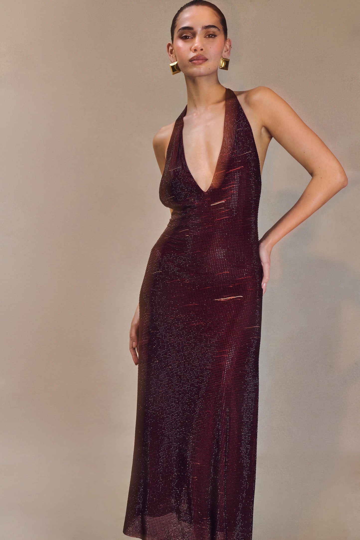 Genie Diamante Robe Midi à Décolleté Croisé - Brun-Rouge