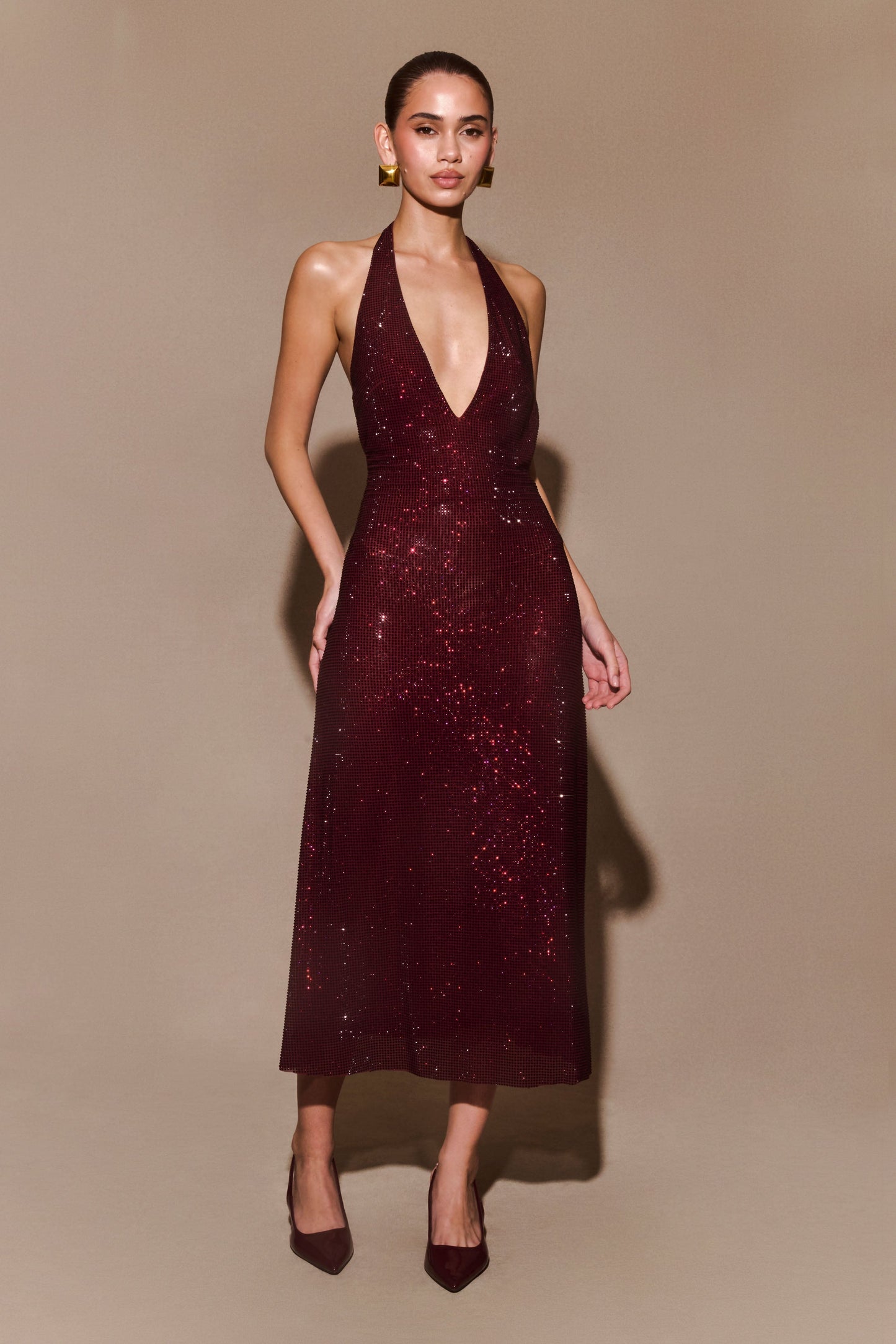Genie Diamante Robe Midi à Décolleté Croisé - Brun-Rouge