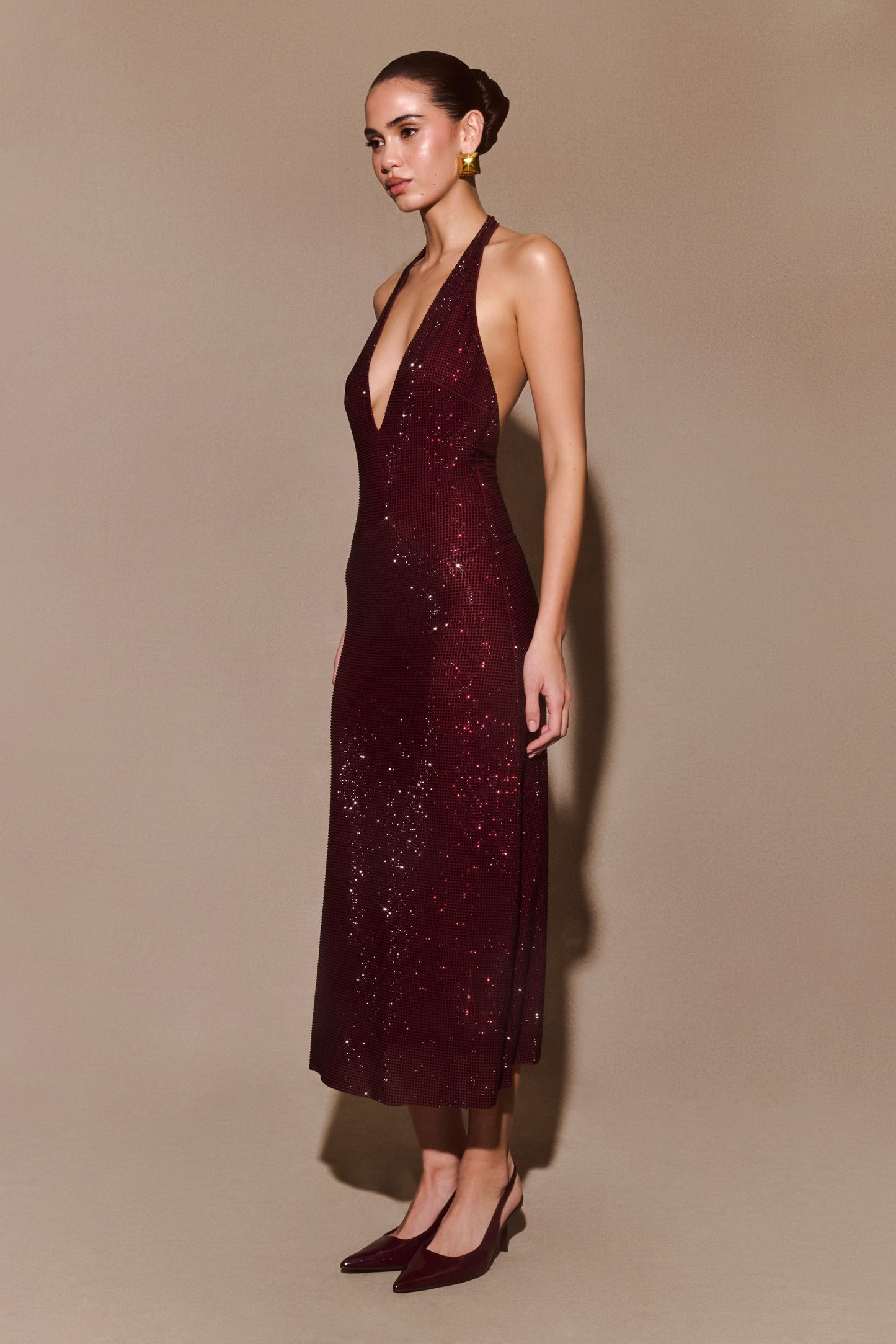 Genie Diamante Robe Midi à Décolleté Croisé - Brun-Rouge