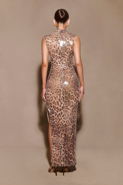 Robe mi-longue Veronica à paillettes - Imprimé léopard