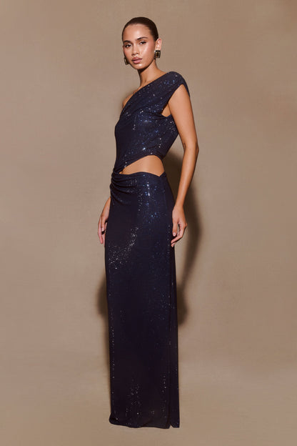 Robe maxi asymétrique à un épaule Kenny Diamante - Bleu marine