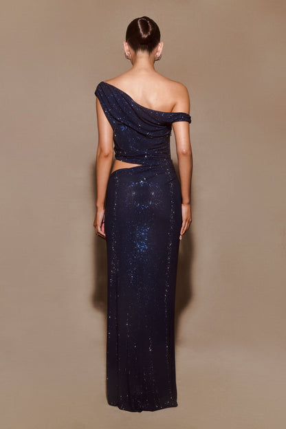 Robe maxi asymétrique à un épaule Kenny Diamante - Bleu marine