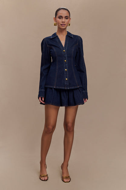 Jupe mini en jean plissée Candice - Bleu indigo