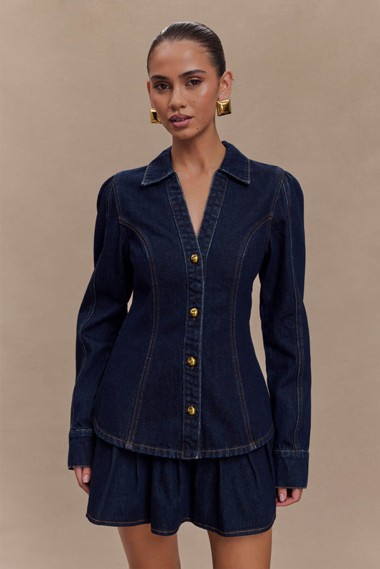 Top en jean à manches longues Hilary - Bleu indigo