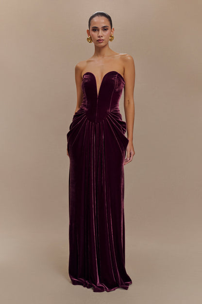 Paige Robe Maxi en Velours Sans Bretelles - Prune