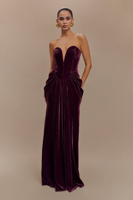 Paige Robe Maxi en Velours Sans Bretelles - Prune